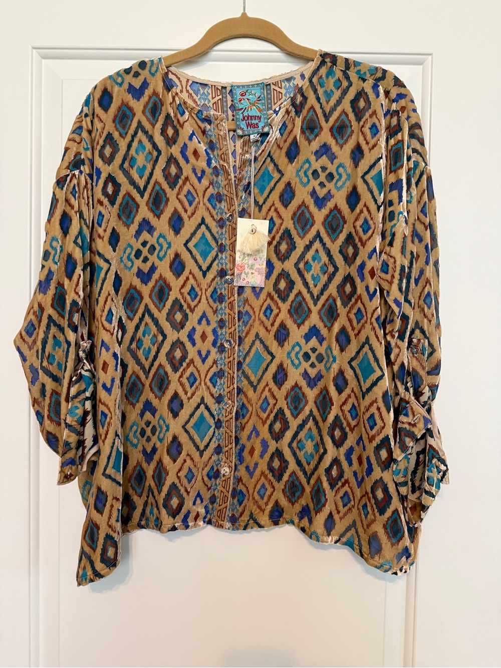 NWT Johnny Was Ikat-Print Button Down Long Sleeve Velvet Burnout Blouse M $275